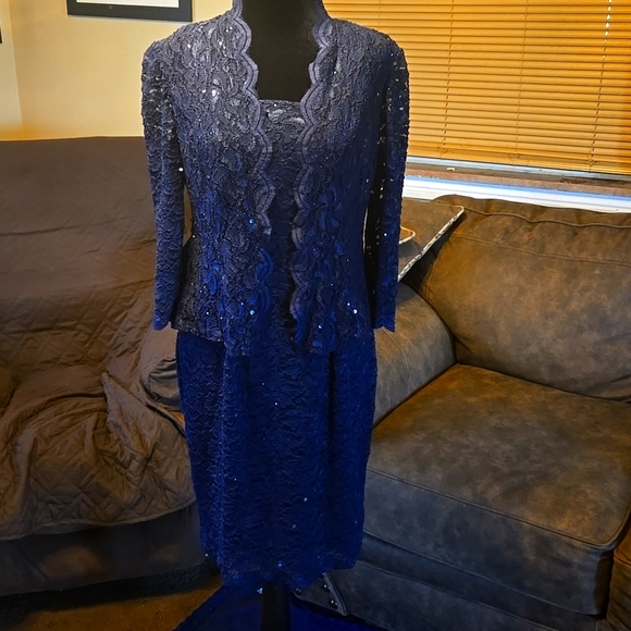 Alex Evenings 2PC Set ~ Sleeveless Lace Sequined Navy Blue Dress Size: 6P - Picture 1 of 10